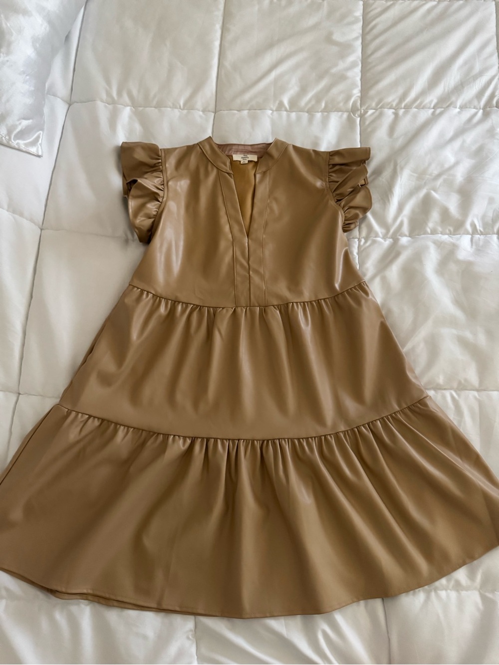 entro Tan Faux Leather Tiered Dress with Flutter Sleeves
